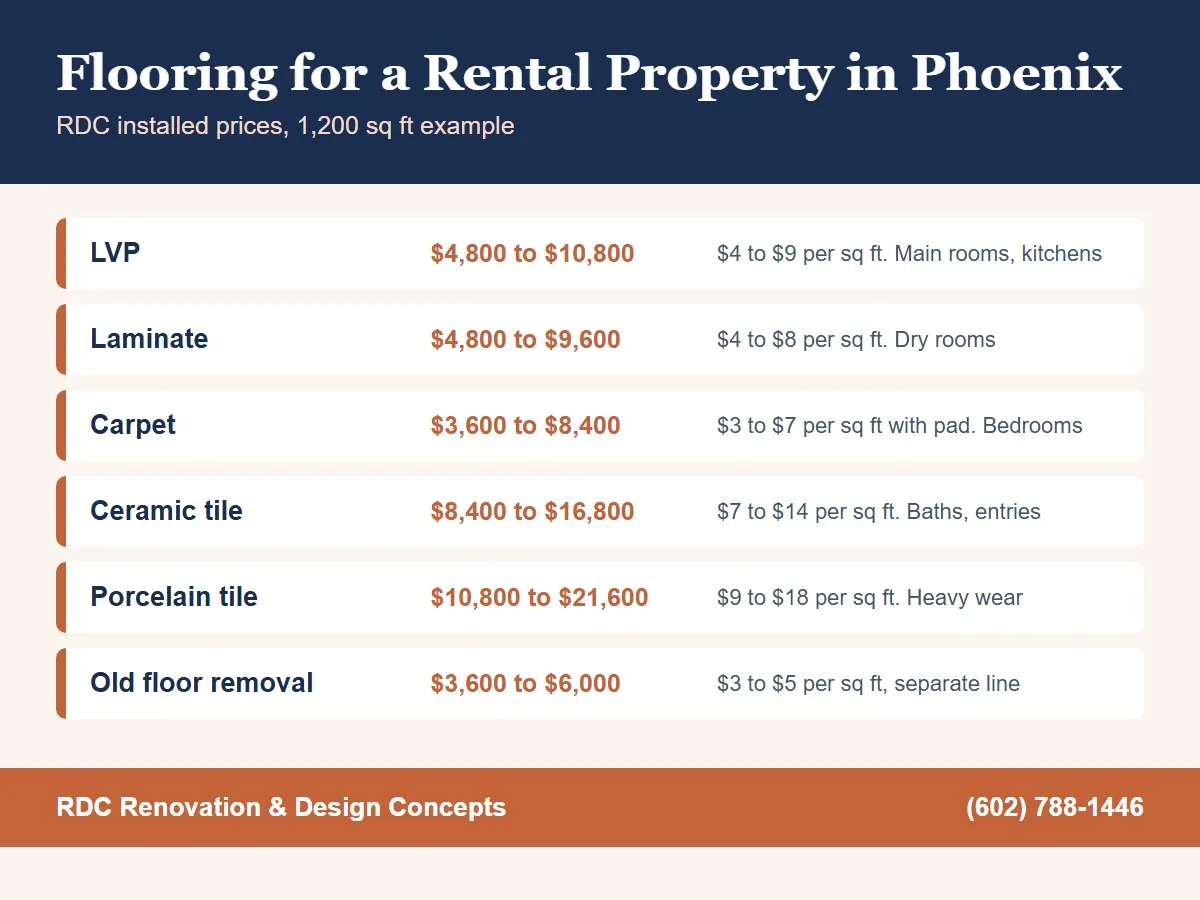 Infographic of RDC's installed rental flooring prices in Phoenix for a 1,200 sq ft home, LVP, laminate, carpet and tile
