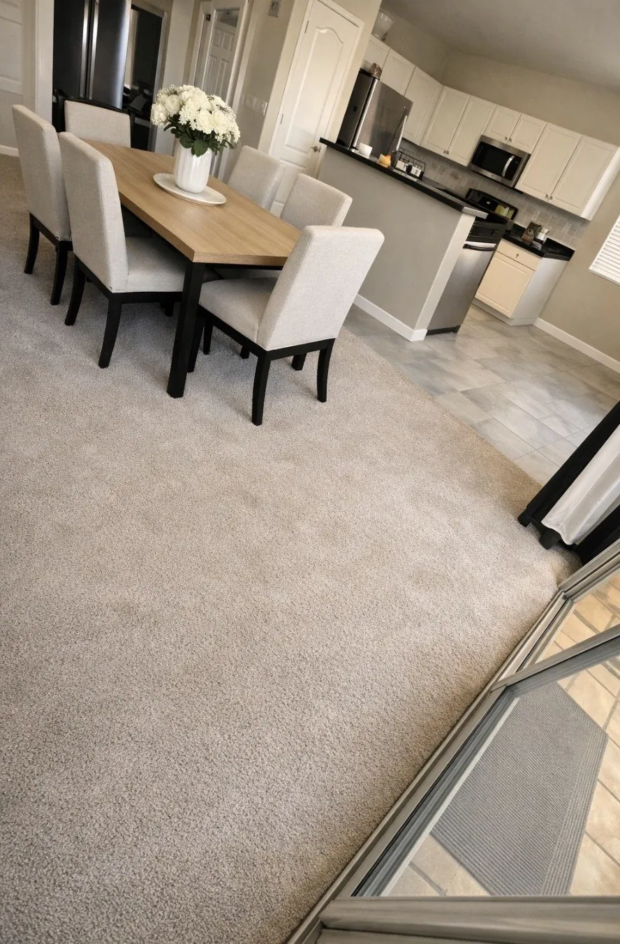 Plush carpet installation in dining room with tile kitchen floor transition Phoenix AZ