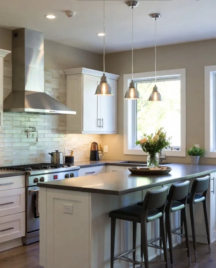 Kitchen remodel with handmade tile backsplash pendant lighting white shaker cabinets and island Phoenix AZ