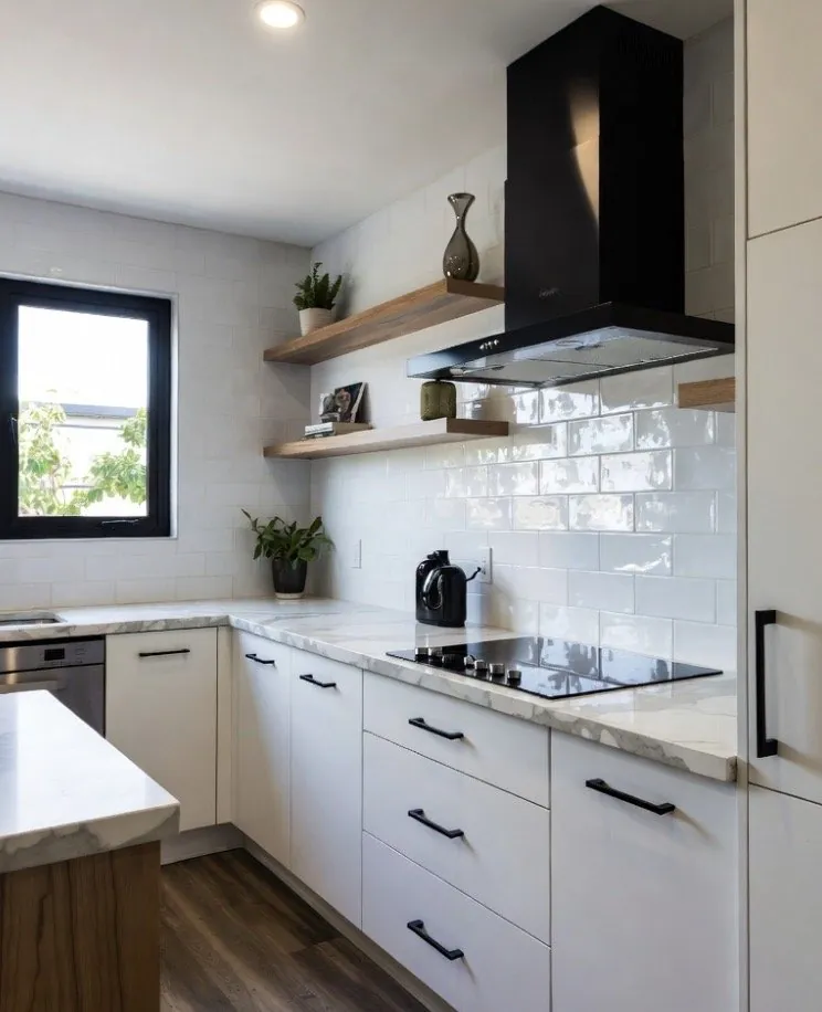 Modern kitchen with white glossy subway tile backsplash quartz countertops dark hardware floating shelves and LVP floor Phoenix AZ