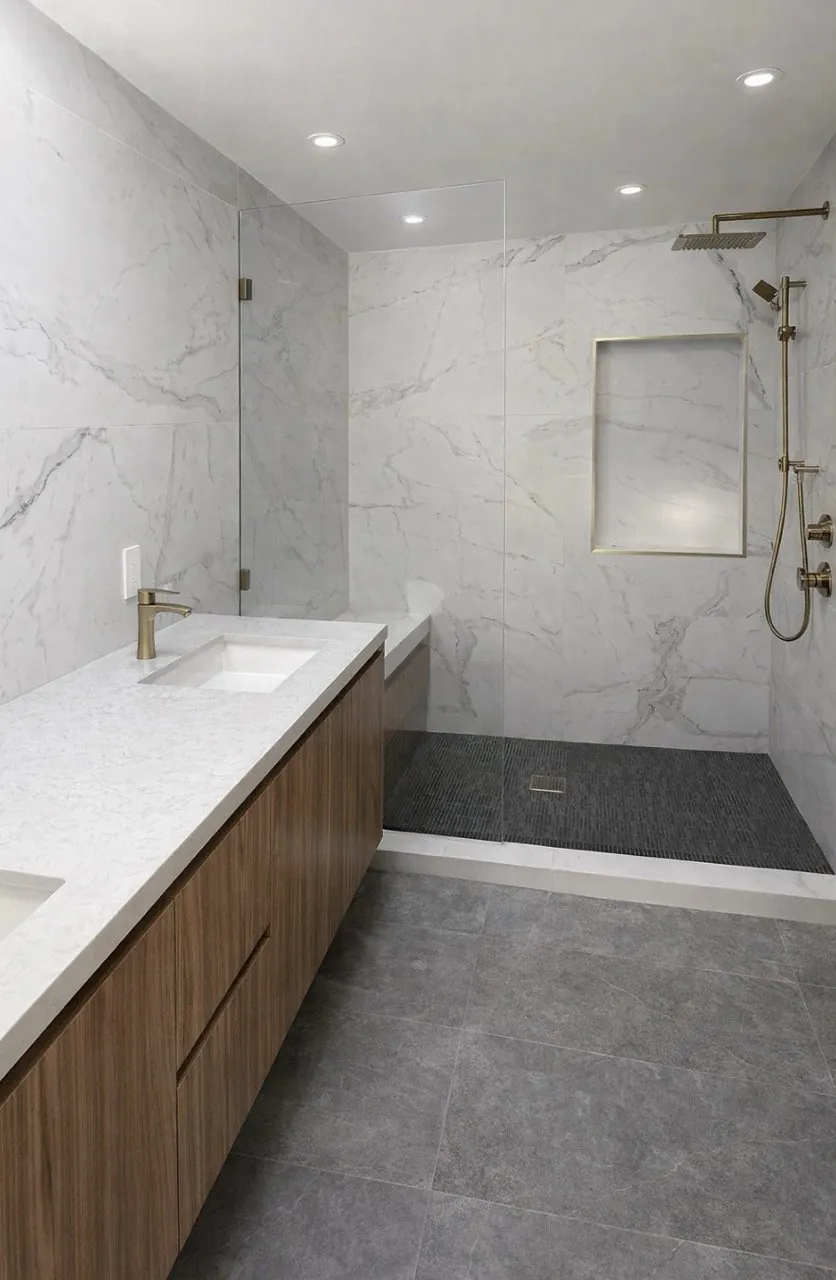 Marble look tile bathroom remodel with quartz vanity countertop walk-in shower brass fixtures and gray tile floor Phoenix AZ