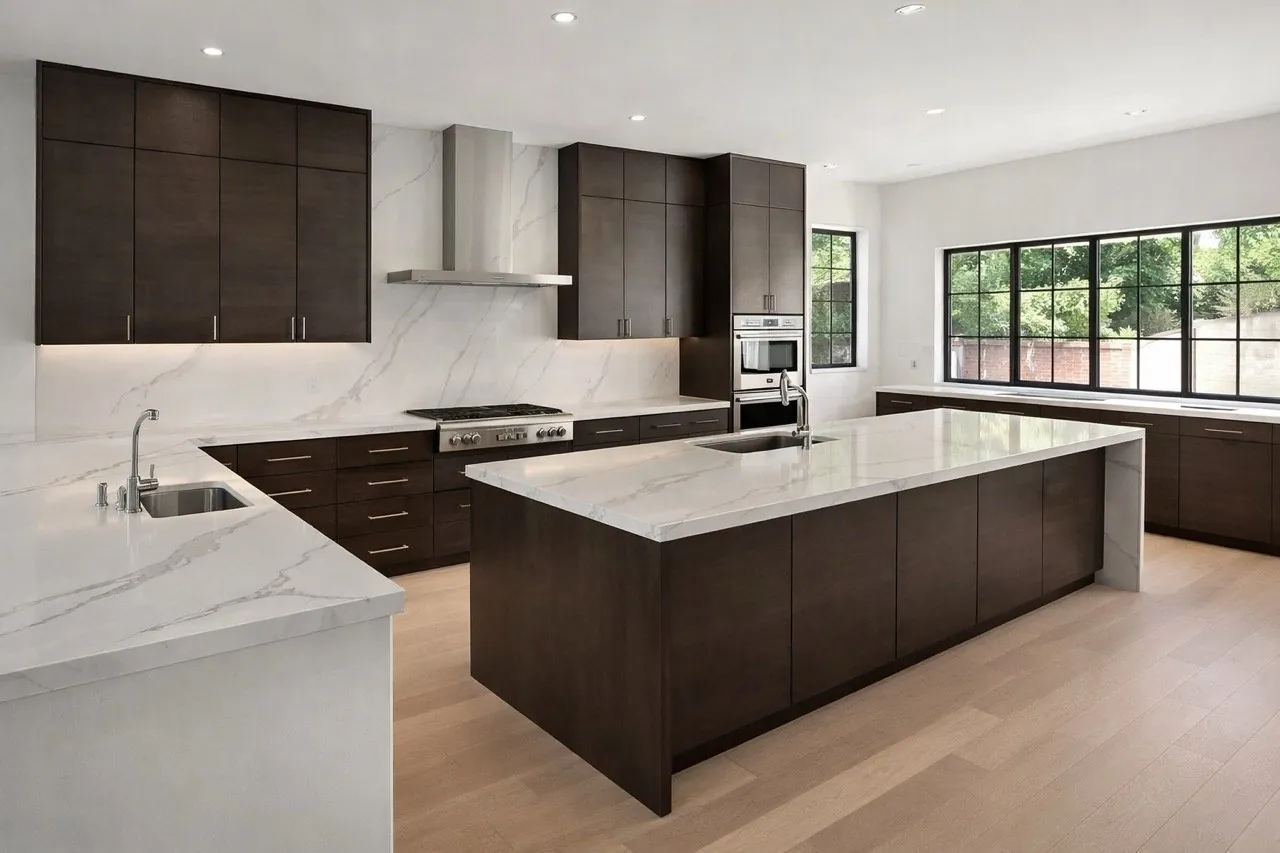 Modern luxury kitchen remodel with dark espresso cabinets white quartz countertops marble slab backsplash and hardwood floor Phoenix AZ