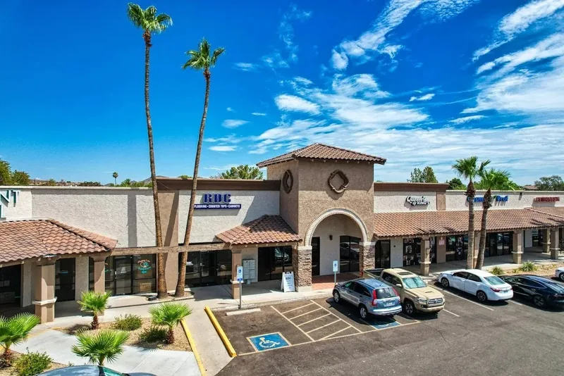 Aerial view of the RDC showroom storefront on Bell Road in north Phoenix, AZ