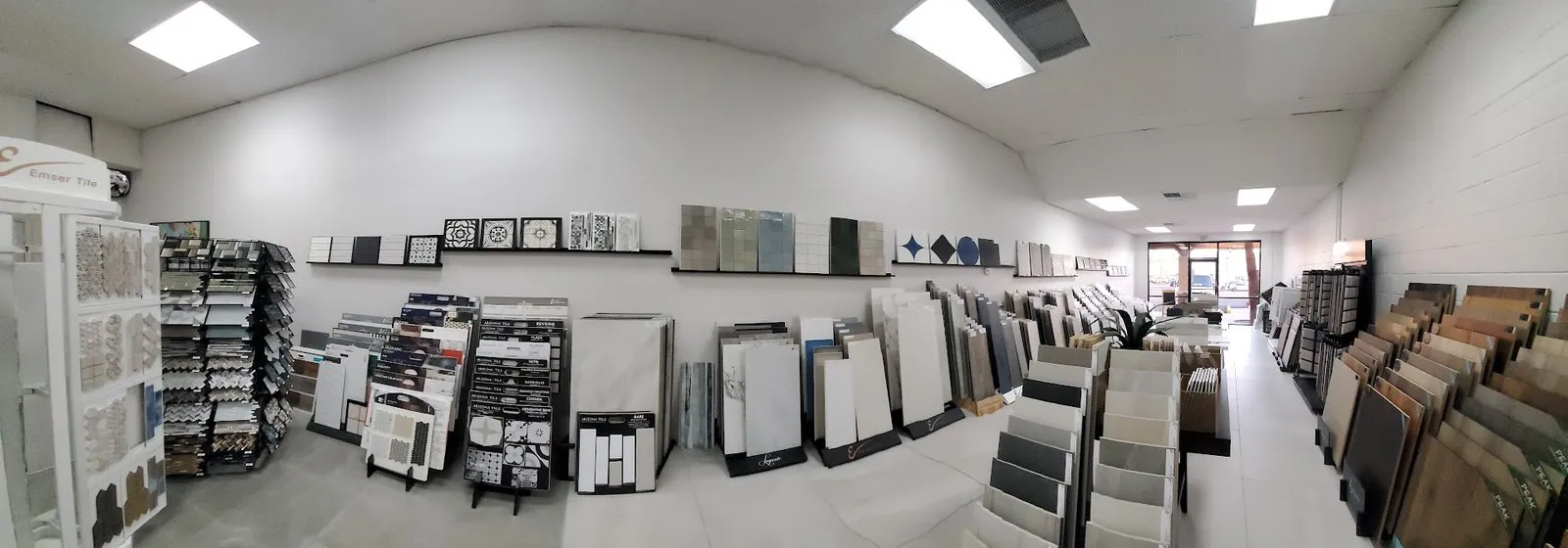 Panoramic view of RDC Renovation showroom with tile and flooring sample displays Phoenix AZ