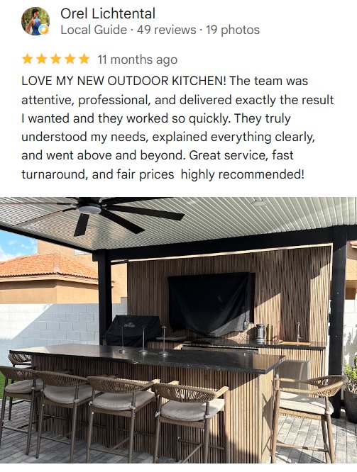 Google review by Orel Lichtental for RDC outdoor kitchen: “LOVE MY NEW OUTDOOR KITCHEN!”