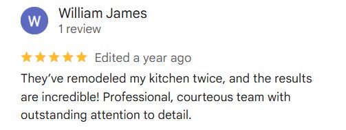 Google review by William James for RDC kitchen remodel: “They’ve remodeled my kitchen twice, and the results are incredible!”